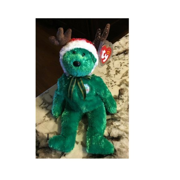 Set (2) 2002 Holiday Teddy TY Christmas Beanie Babies Green Bear Reindeer 8" 14" - Picture 3 of 4